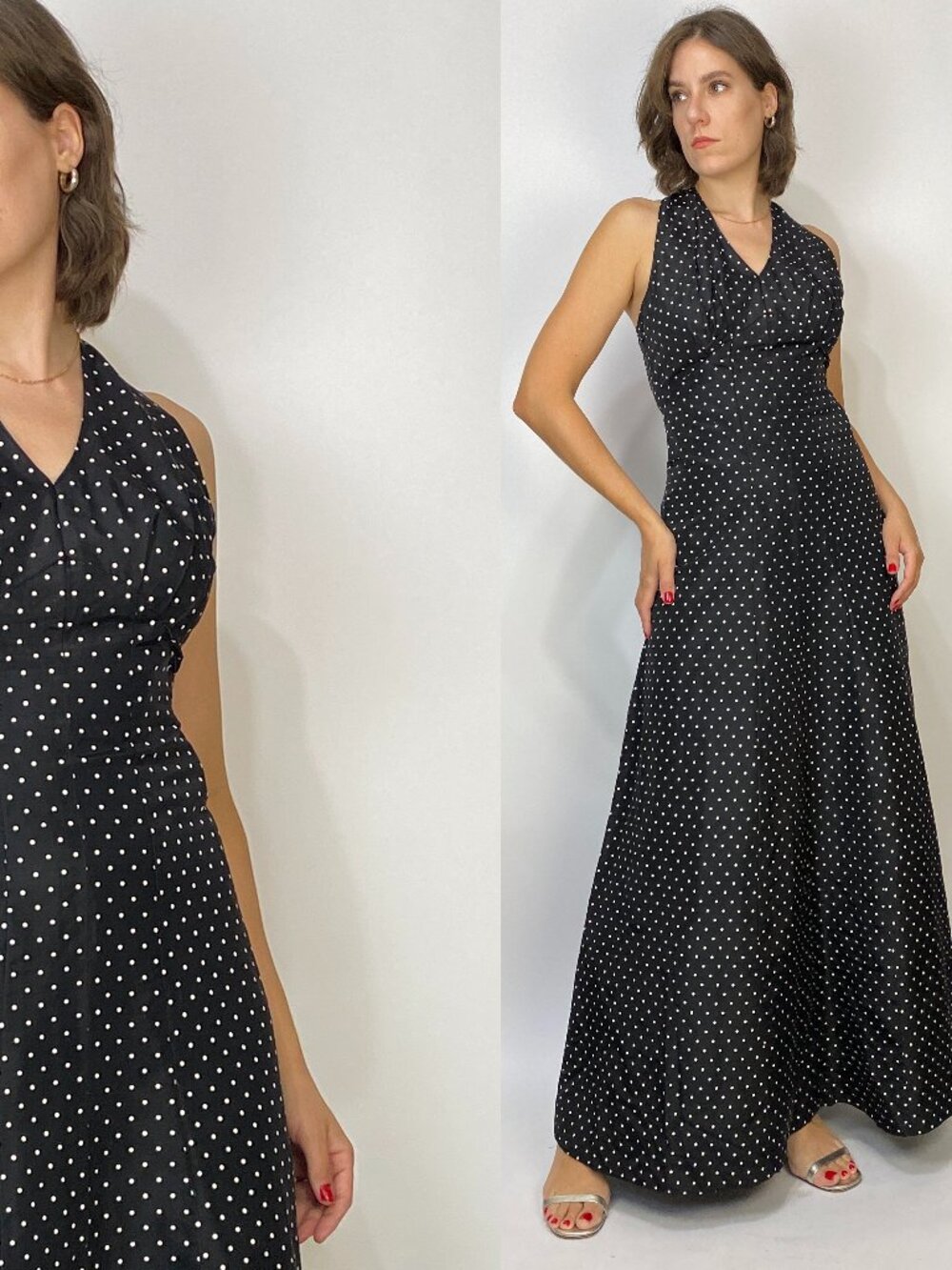 Vintage 1970s Bias Cut POLKA DOT Gown! Small